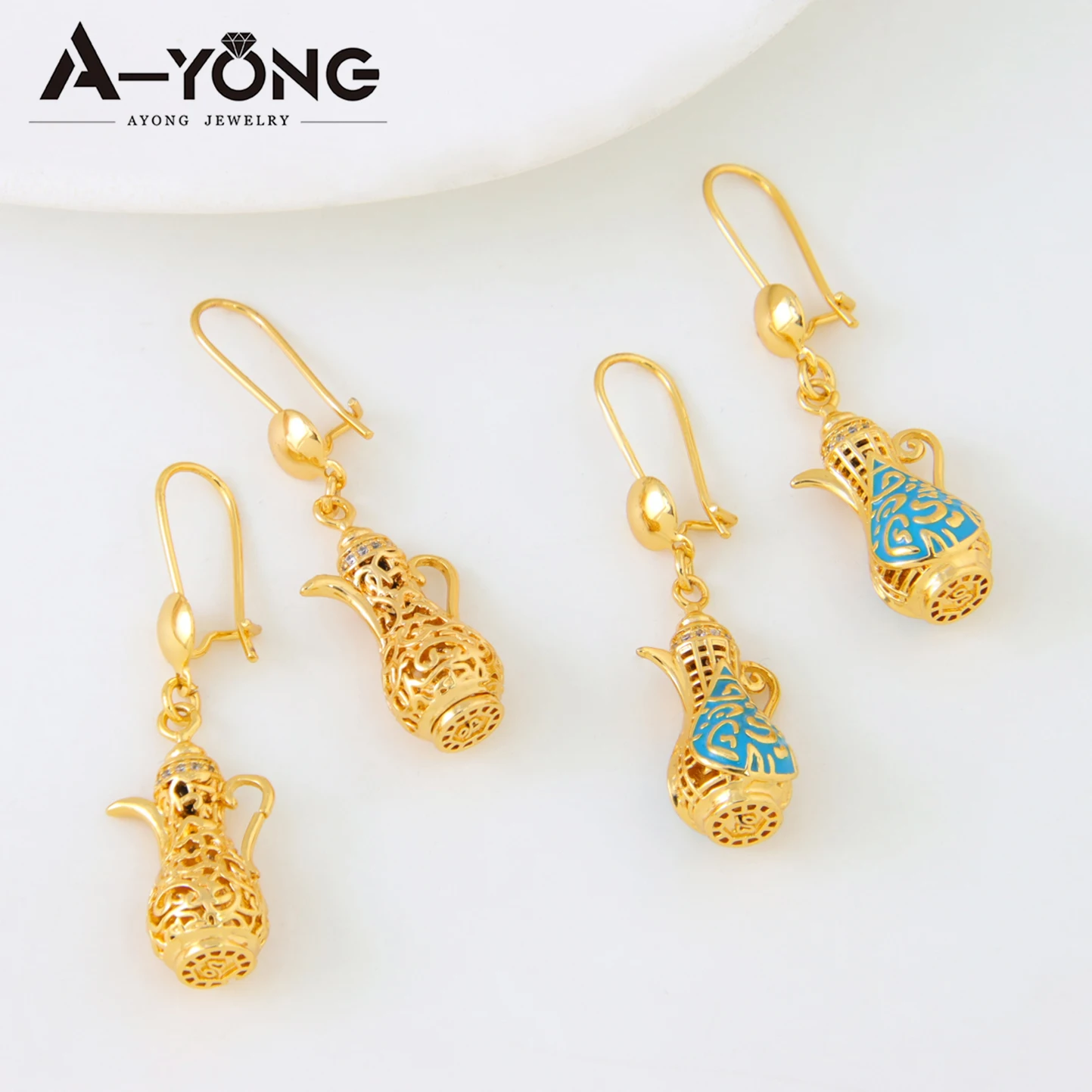 Dubai Fashion Inspired Drop Earrings 21k Gold Plated Enamel Teapot Dangles Earring Arabic Muslim Women Vintage Party Jewelry