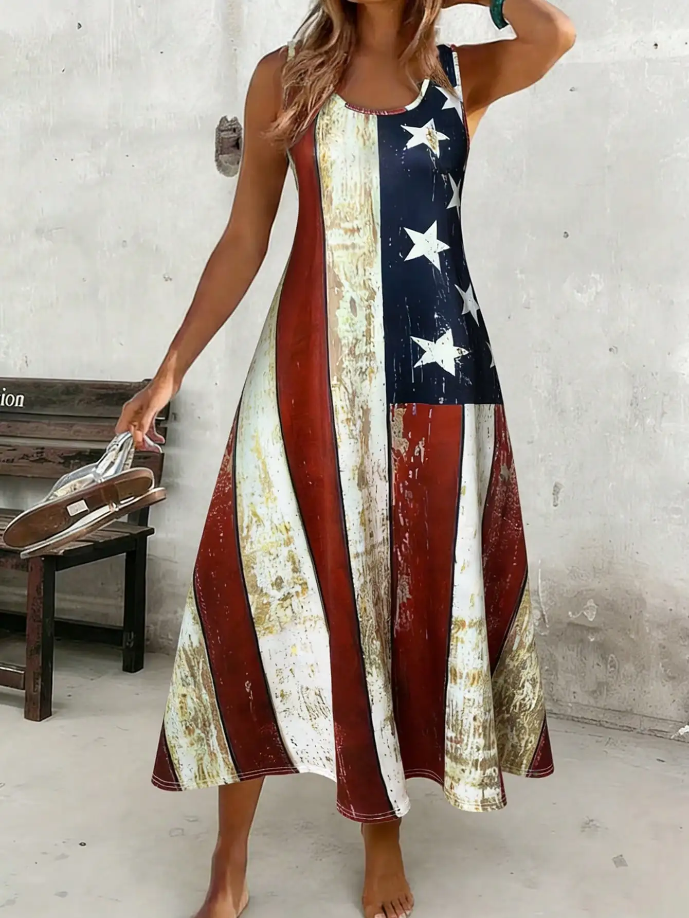 Women's Casual Long Tank Dress With American Flag Print- Round Neck Summer Sundress, Casual Vacation Outfit