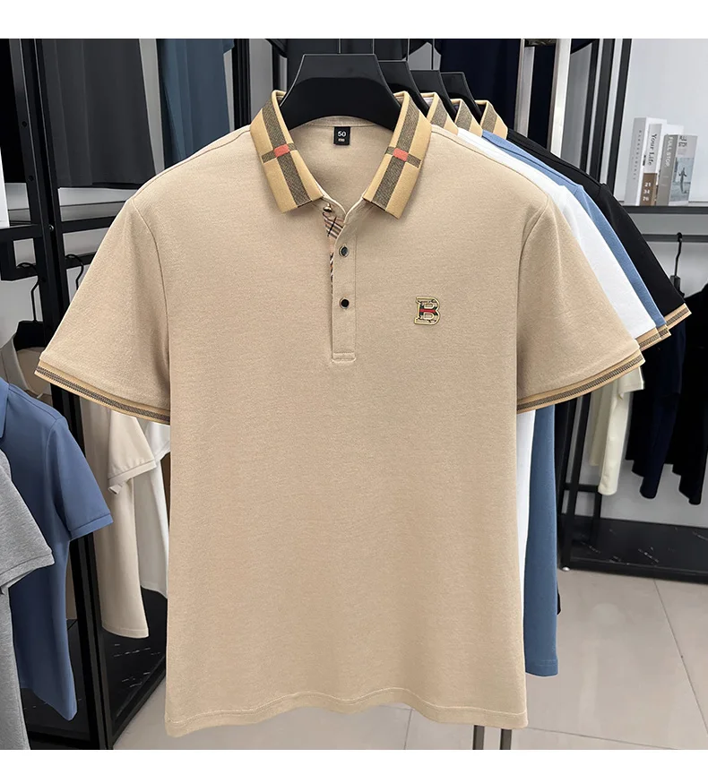 Luxury brand logo short sleeved polo shirt for men's summer new high-end silk cotton breathable casual fashion T-shirt clothing
