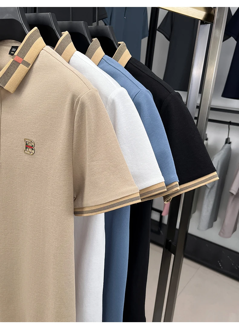 Luxury brand logo short sleeved polo shirt for men's summer new high-end silk cotton breathable casual fashion T-shirt clothing