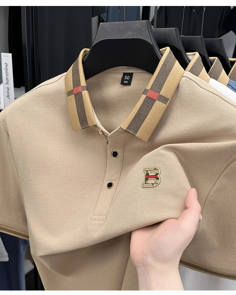 Luxury brand logo short sleeved polo shirt for men's summer new high-end silk cotton breathable casual fashion T-shirt clothing