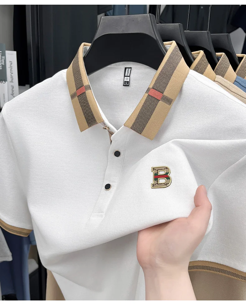 Luxury brand logo short sleeved polo shirt for men's summer new high-end silk cotton breathable casual fashion T-shirt clothing