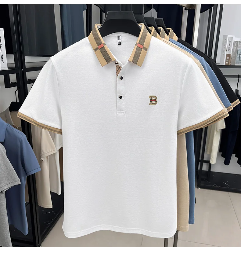 Luxury brand logo short sleeved polo shirt for men's summer new high-end silk cotton breathable casual fashion T-shirt clothing