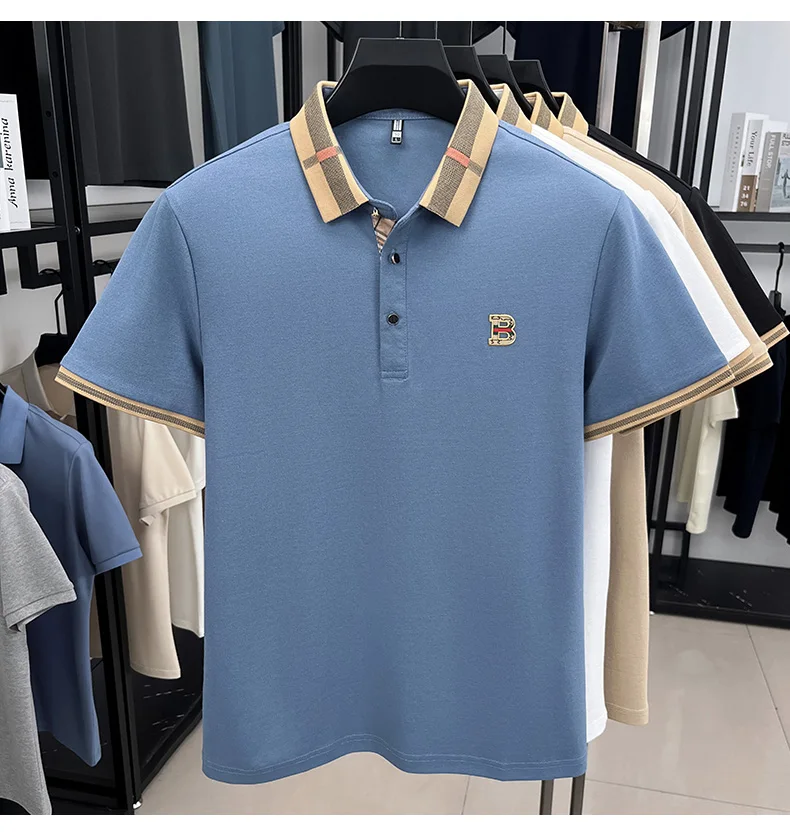 Luxury brand logo short sleeved polo shirt for men's summer new high-end silk cotton breathable casual fashion T-shirt clothing