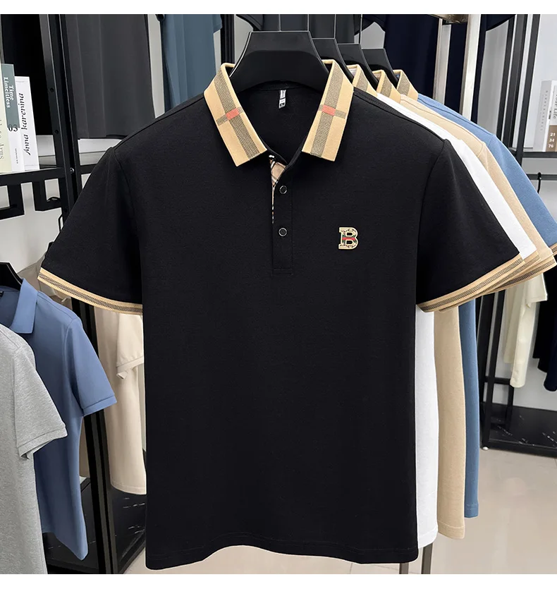 Luxury brand logo short sleeved polo shirt for men's summer new high-end silk cotton breathable casual fashion T-shirt clothing