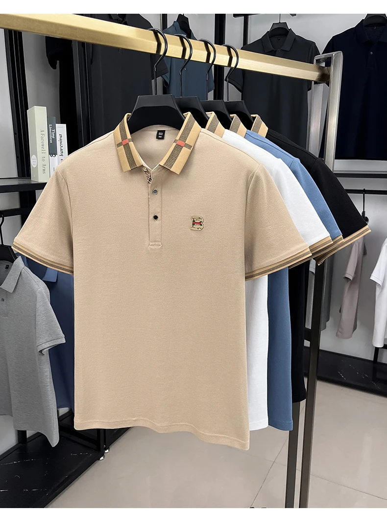 Luxury brand logo short sleeved polo shirt for men's summer new high-end silk cotton breathable casual fashion T-shirt clothing