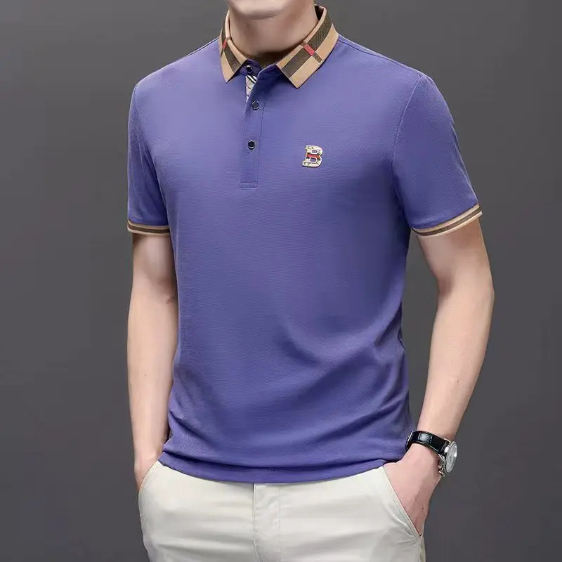 Luxury brand logo short sleeved polo shirt for men's summer new high-end silk cotton breathable casual fashion T-shirt clothing