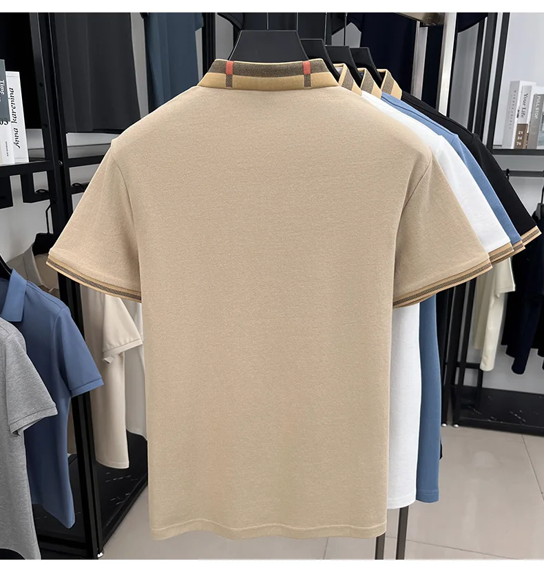 Luxury brand logo short sleeved polo shirt for men's summer new high-end silk cotton breathable casual fashion T-shirt clothing