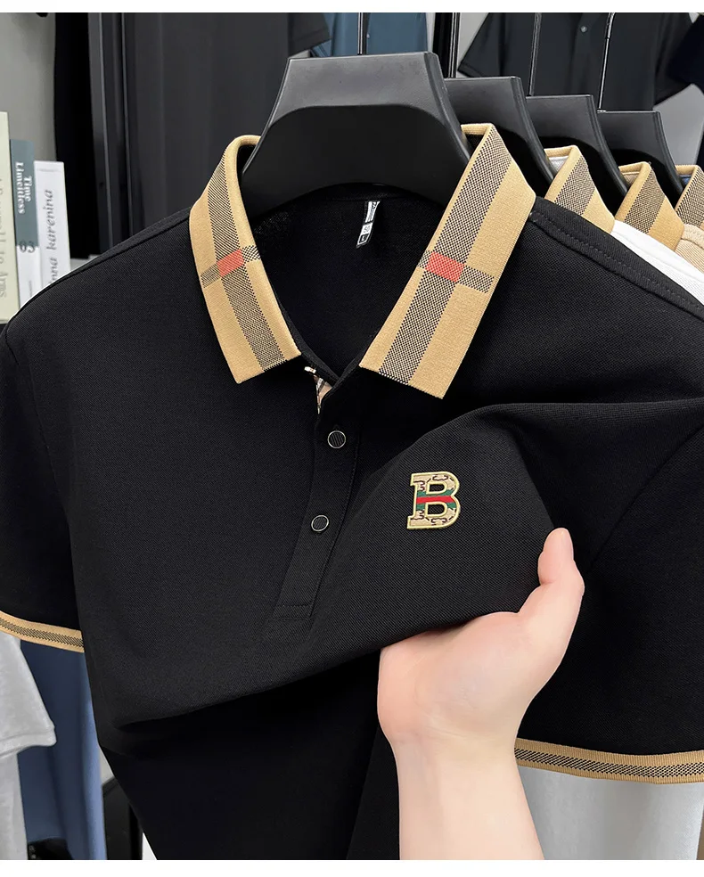 Luxury brand logo short sleeved polo shirt for men's summer new high-end silk cotton breathable casual fashion T-shirt clothing