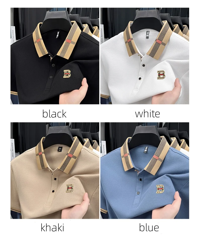 Luxury brand logo short sleeved polo shirt for men's summer new high-end silk cotton breathable casual fashion T-shirt clothing