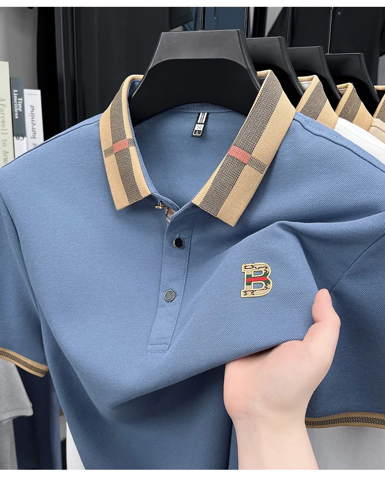 Luxury brand logo short sleeved polo shirt for men's summer new high-end silk cotton breathable casual fashion T-shirt clothing