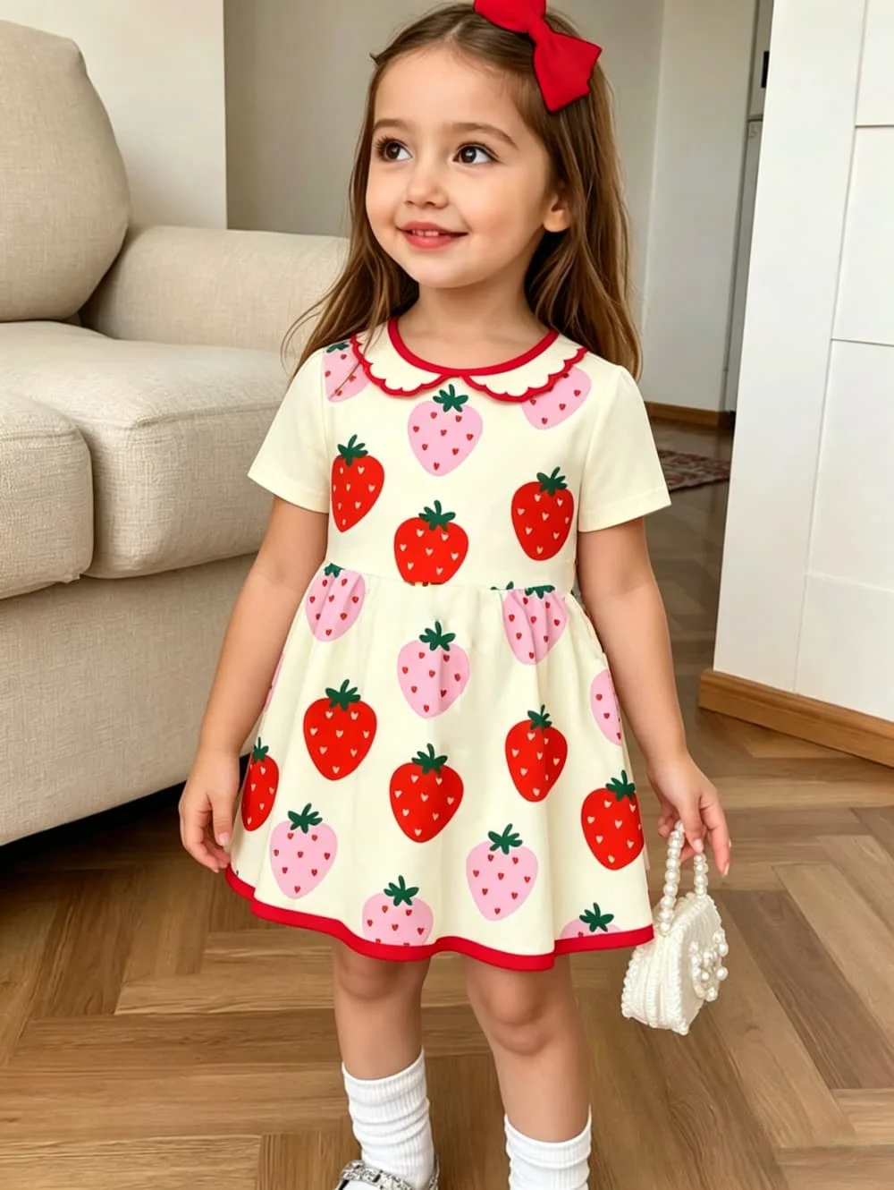 Cute Polka Dot Bow 3D Print Dress for Girls Casual Short Sleeve Dress Comfortable Girls Clothes Summer Tops Children's Clothing