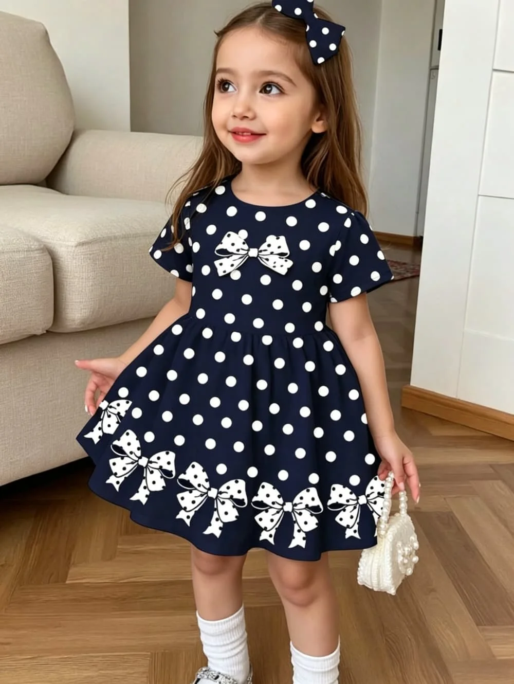 Cute Polka Dot Bow 3D Print Dress for Girls Casual Short Sleeve Dress Comfortable Girls Clothes Summer Tops Children's Clothing