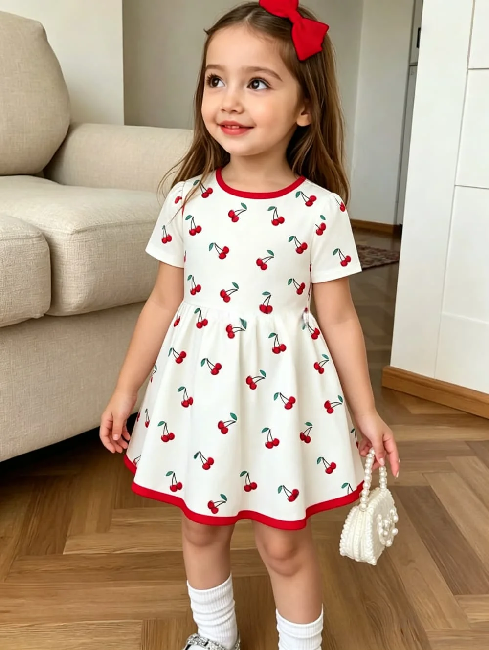 Cute Polka Dot Bow 3D Print Dress for Girls Casual Short Sleeve Dress Comfortable Girls Clothes Summer Tops Children's Clothing