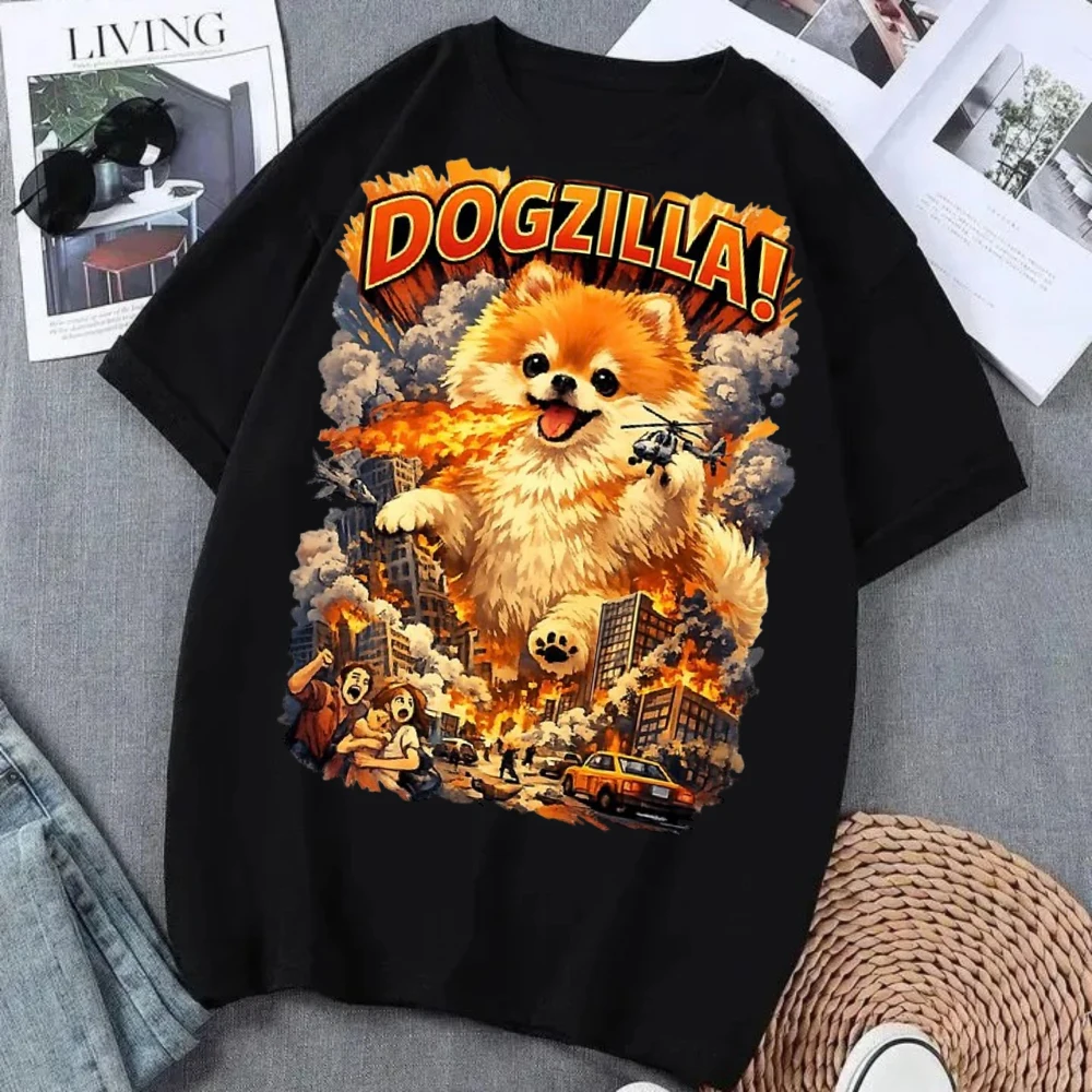 Dogzilla Pomeranian Print T-Shirt Men Women Funny Dog Graphic Tee Casual Short Sleeve Black Streetwear Tops