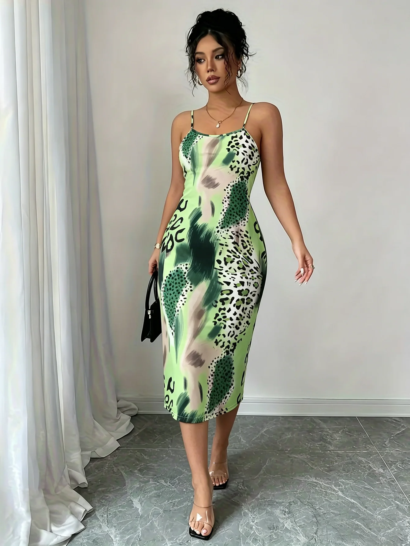 Women Spaghetti Strap Midi Dress Green Leopard Print Bodycon Casual Dress Summer Sexy Party Cocktail Clubwear Date Dress