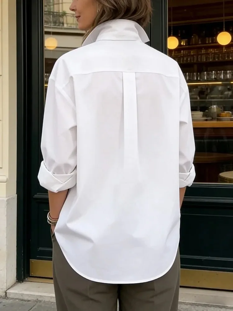 Yeezzi Women's Cotton White Buttoned Shirt 2026 New Elegant Loose Lapel Blouse Casual Long Sleeves Office Tops For Ladies