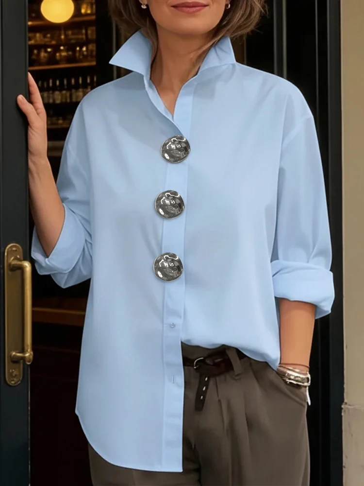 Yeezzi Women's Cotton White Buttoned Shirt 2026 New Elegant Loose Lapel Blouse Casual Long Sleeves Office Tops For Ladies