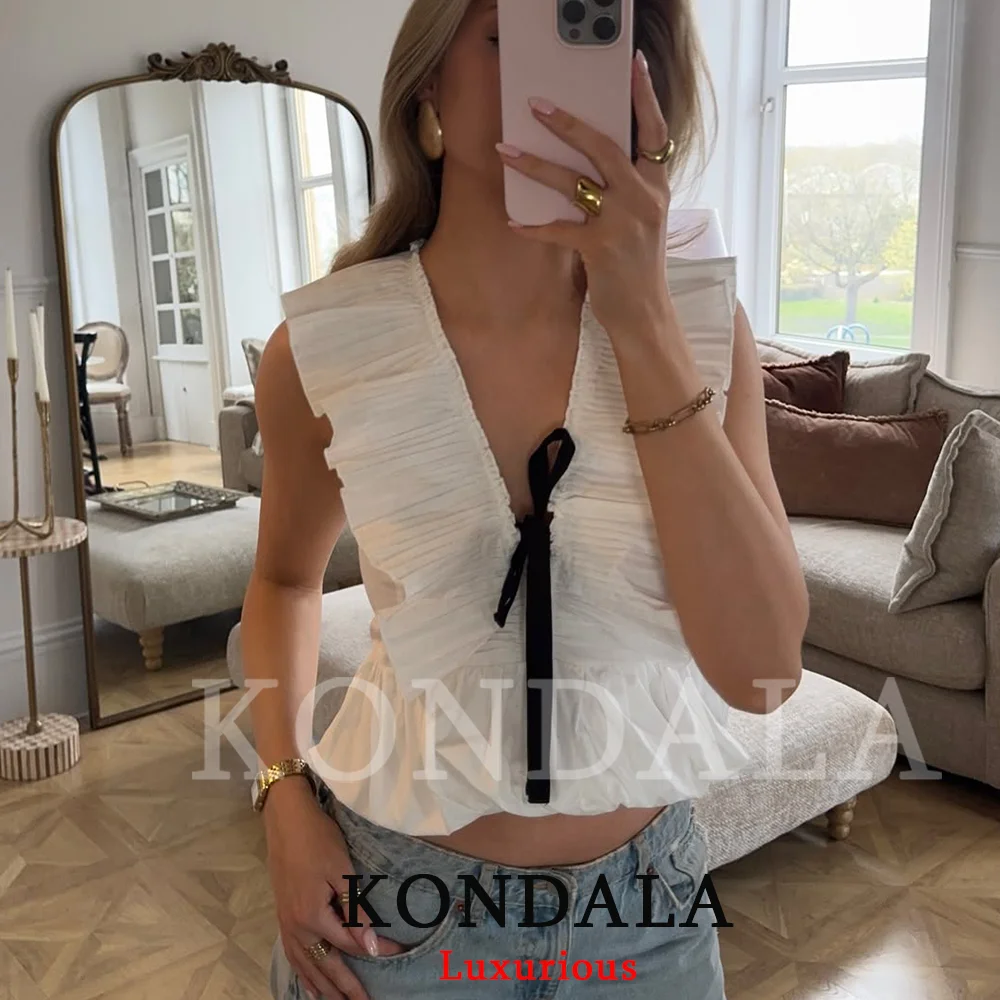 KONDALA Holiday Elegant Chic Women Tank Top Sleeveless Ruffles Bow V-Neck Zipper Tank Top Fashion 2026 Summer Beach Party Top