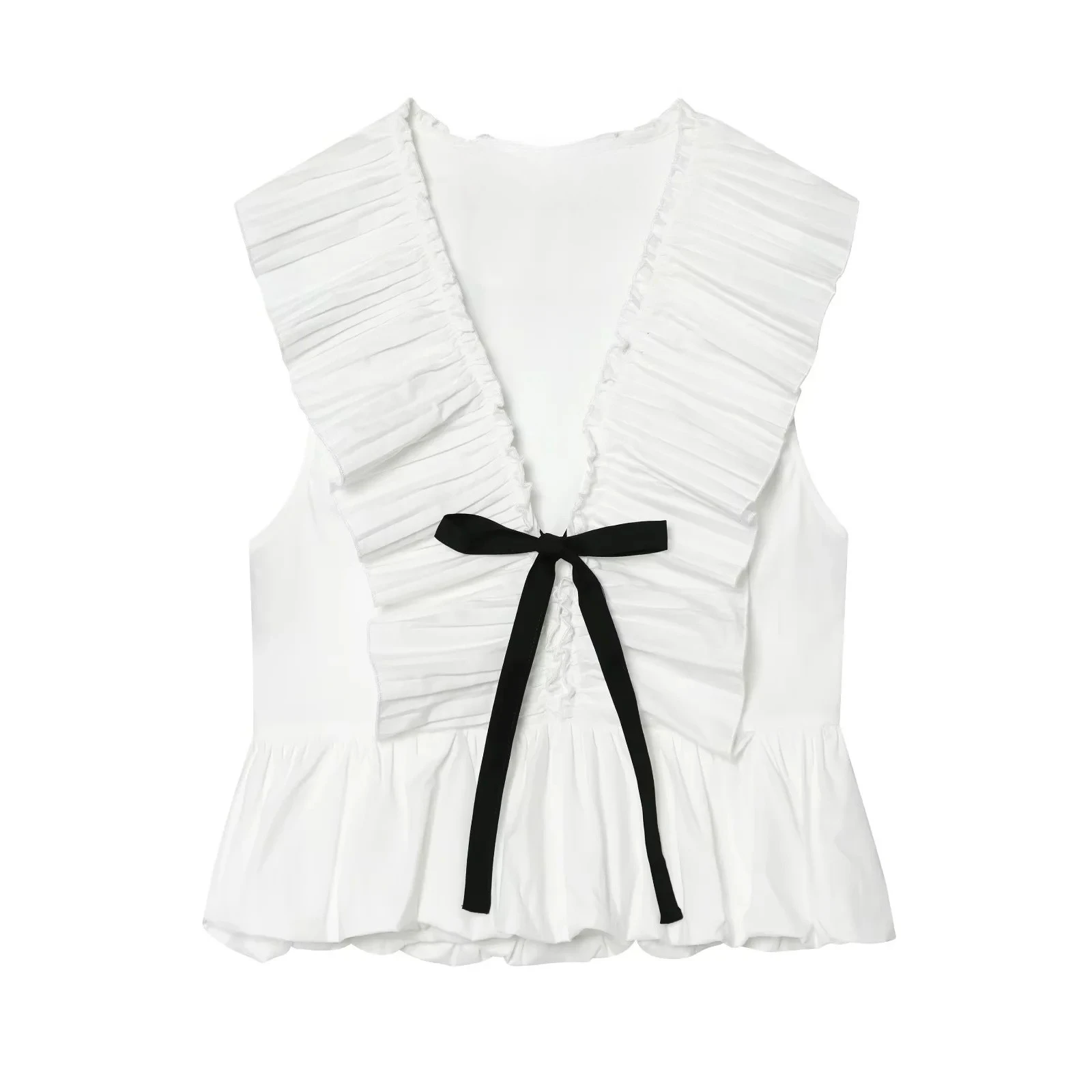 KONDALA Holiday Elegant Chic Women Tank Top Sleeveless Ruffles Bow V-Neck Zipper Tank Top Fashion 2026 Summer Beach Party Top