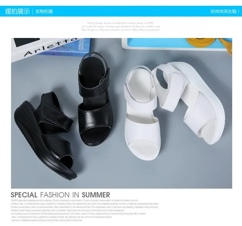 Women Flat Sandals Lady Platform Soft Comfort Casual Hook & Loop White Genuine Leather Ankle Strap Wedges Sandals 2026