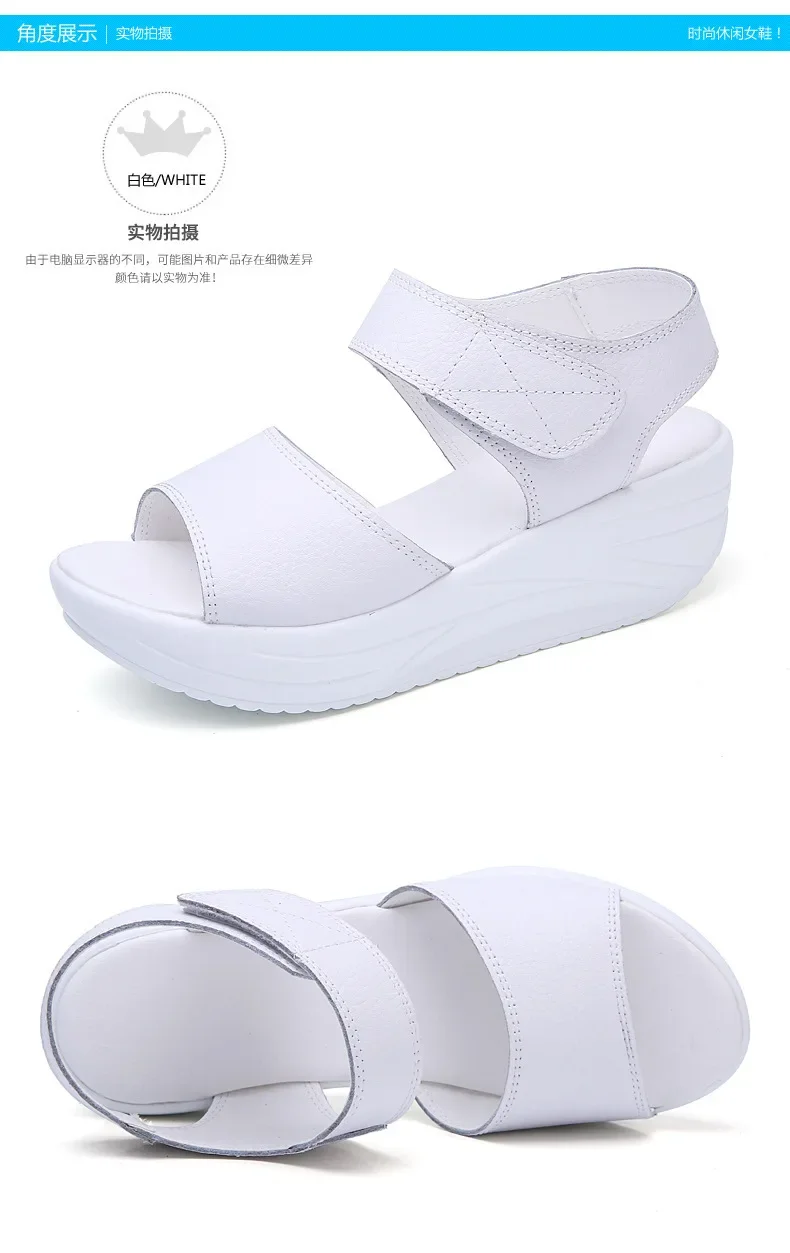 Women Flat Sandals Lady Platform Soft Comfort Casual Hook & Loop White Genuine Leather Ankle Strap Wedges Sandals 2026