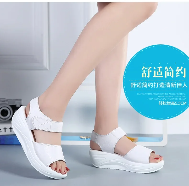 Women Flat Sandals Lady Platform Soft Comfort Casual Hook & Loop White Genuine Leather Ankle Strap Wedges Sandals 2026