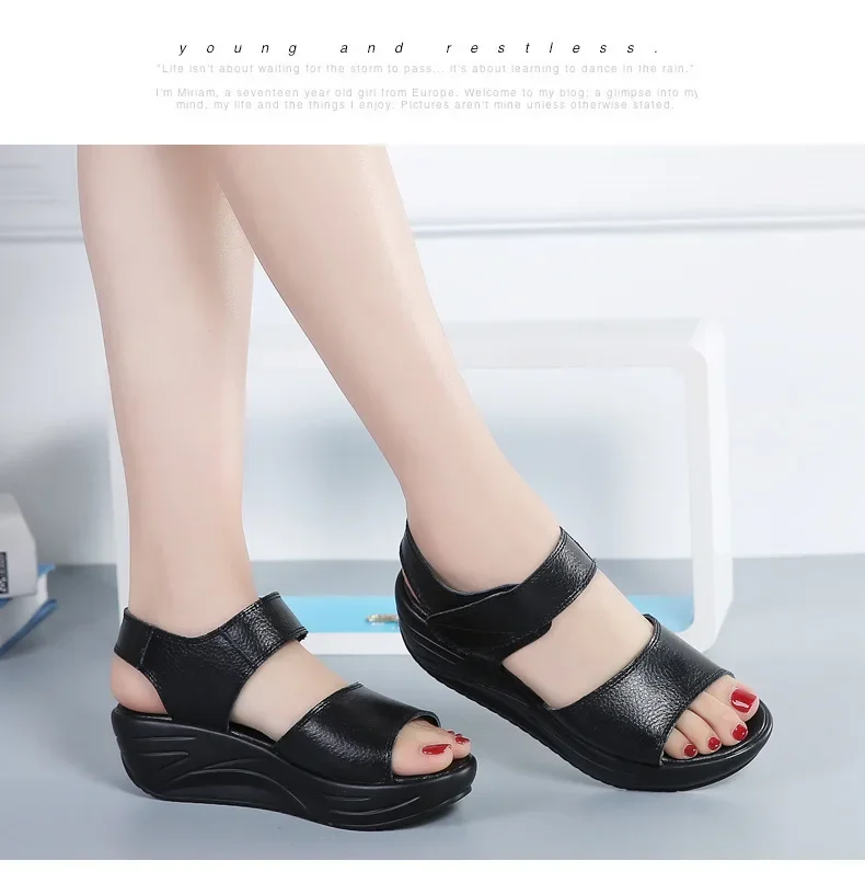 Women Flat Sandals Lady Platform Soft Comfort Casual Hook & Loop White Genuine Leather Ankle Strap Wedges Sandals 2026