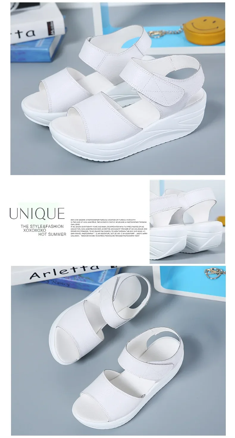Women Flat Sandals Lady Platform Soft Comfort Casual Hook & Loop White Genuine Leather Ankle Strap Wedges Sandals 2026