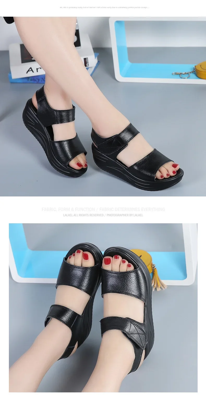Women Flat Sandals Lady Platform Soft Comfort Casual Hook & Loop White Genuine Leather Ankle Strap Wedges Sandals 2026