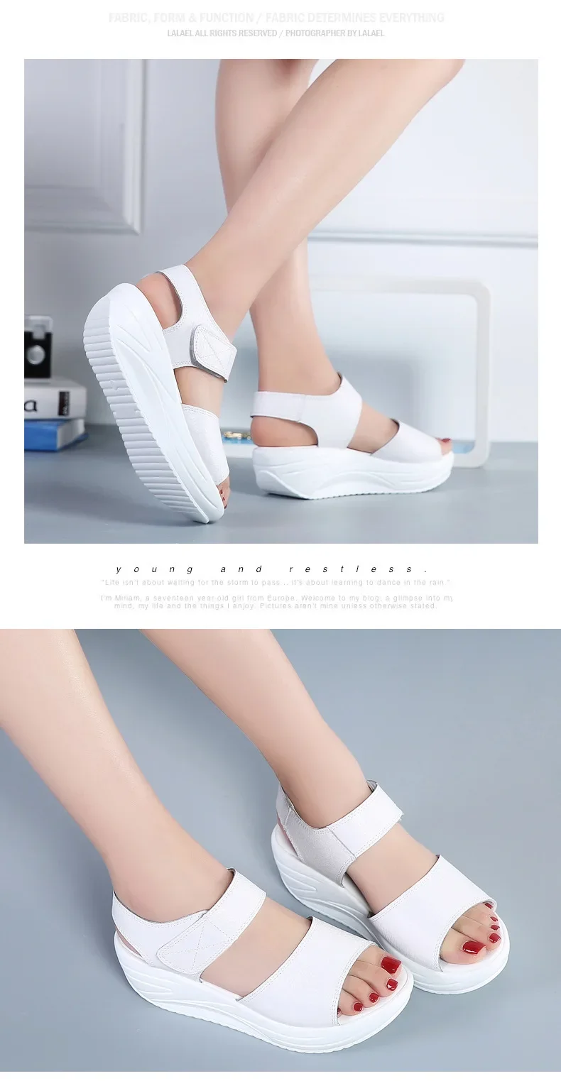 Women Flat Sandals Lady Platform Soft Comfort Casual Hook & Loop White Genuine Leather Ankle Strap Wedges Sandals 2026