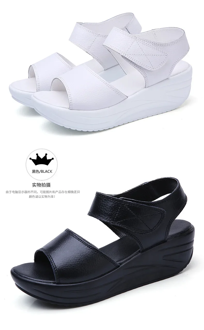 Women Flat Sandals Lady Platform Soft Comfort Casual Hook & Loop White Genuine Leather Ankle Strap Wedges Sandals 2026
