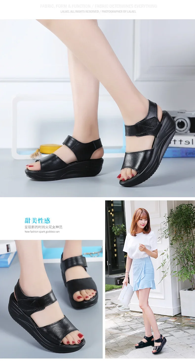 Women Flat Sandals Lady Platform Soft Comfort Casual Hook & Loop White Genuine Leather Ankle Strap Wedges Sandals 2026