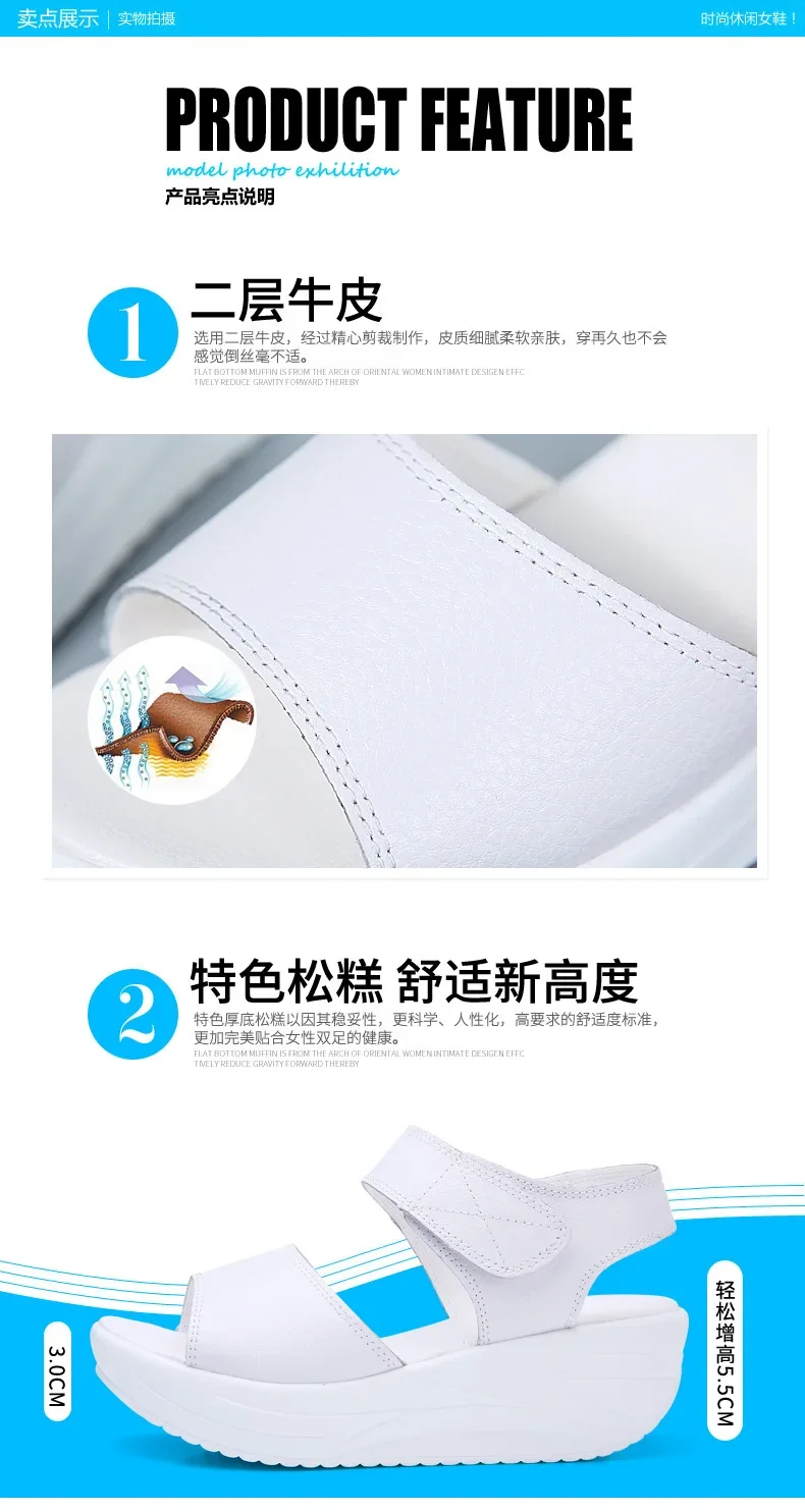Women Flat Sandals Lady Platform Soft Comfort Casual Hook & Loop White Genuine Leather Ankle Strap Wedges Sandals 2026
