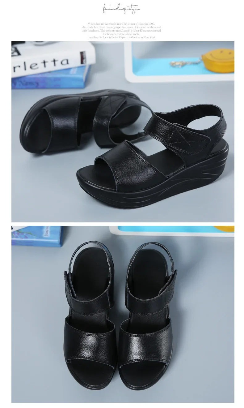 Women Flat Sandals Lady Platform Soft Comfort Casual Hook & Loop White Genuine Leather Ankle Strap Wedges Sandals 2026