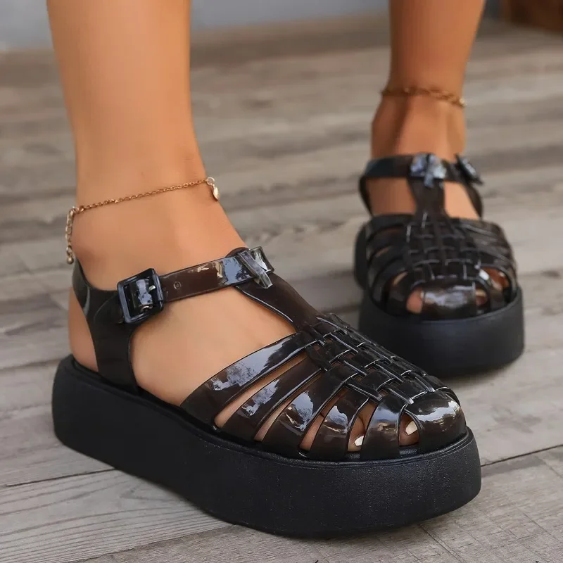 Summer Women Platform Fisherman Sandals Closed Toe Glossy Patent Leather Buckle Strap Non-Slip Sole Casual Daily Walking Shoes