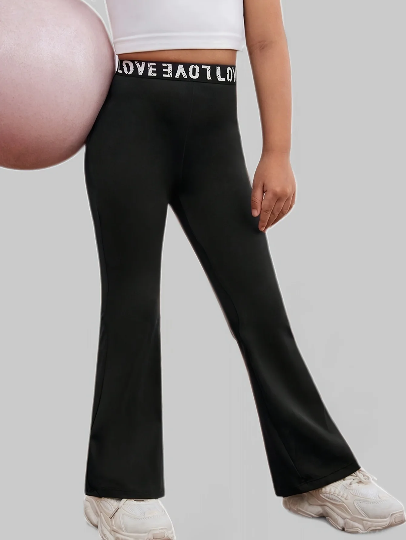 Girls Black Flare Leggings "Love" Letter Elastic Waistband Kids Dance & Workout Pants