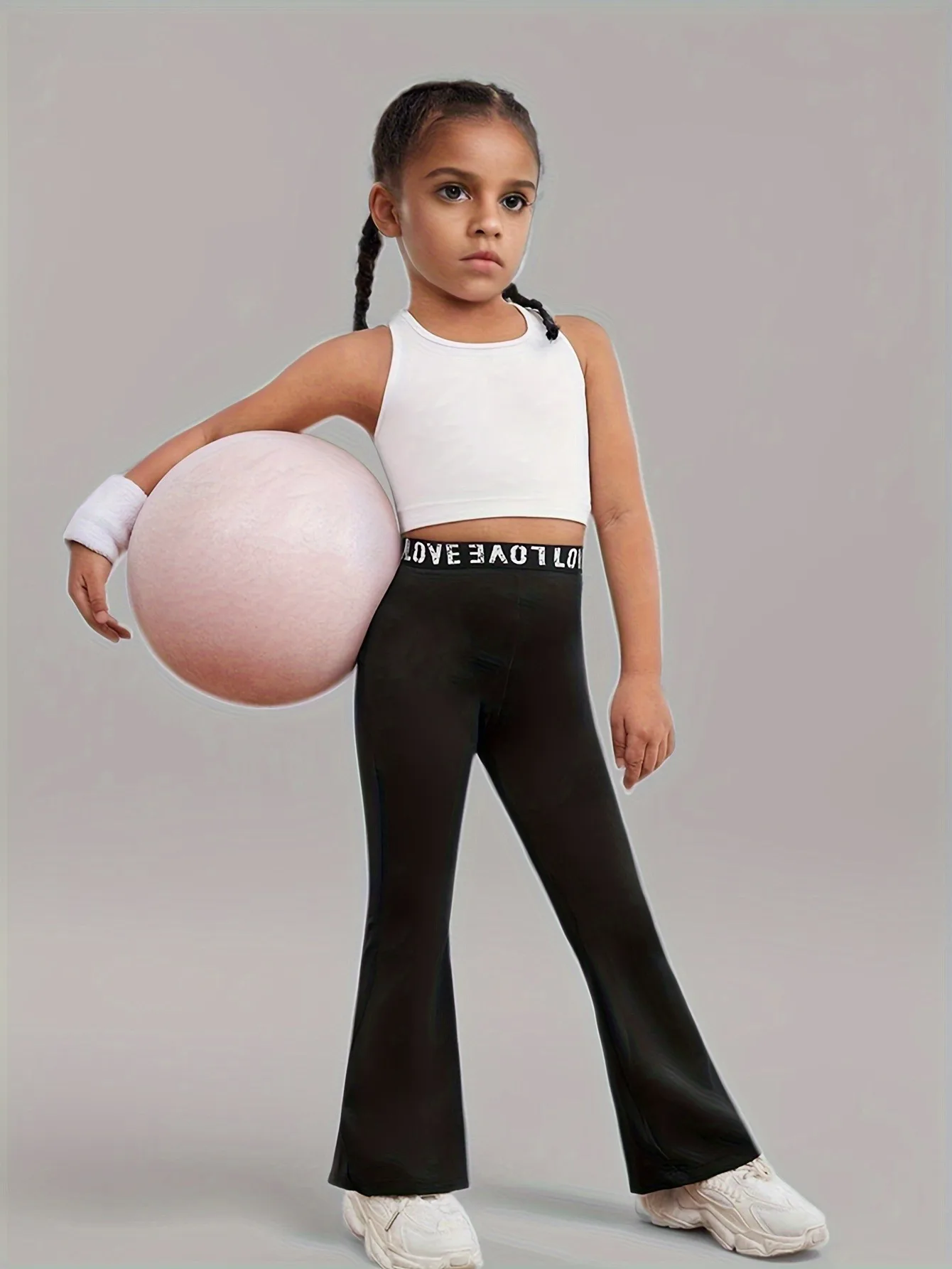 Girls Black Flare Leggings "Love" Letter Elastic Waistband Kids Dance & Workout Pants