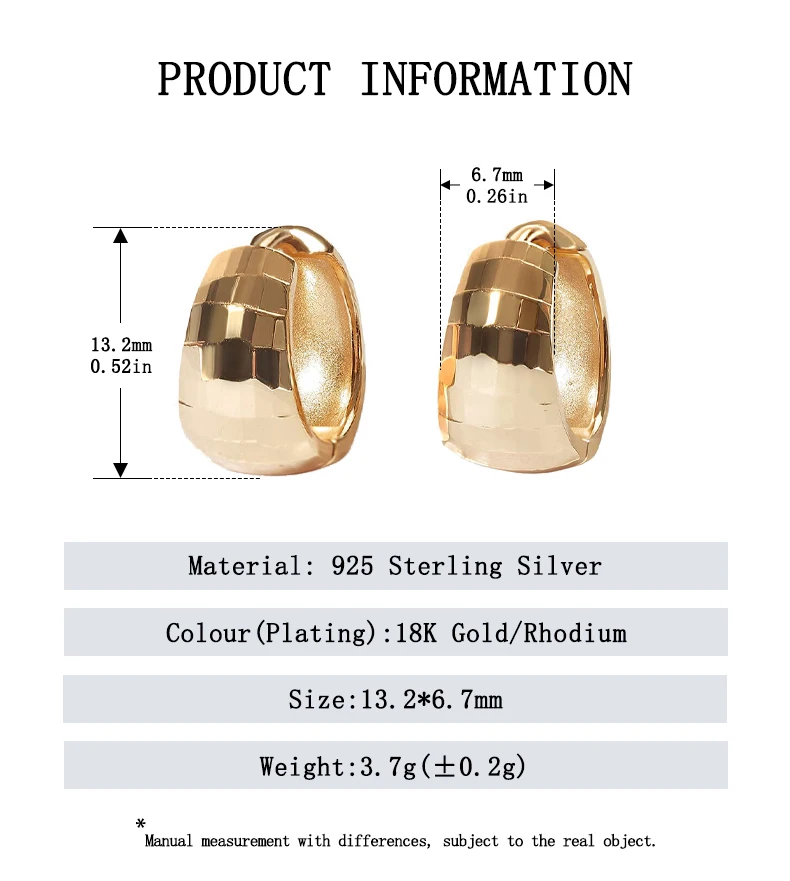 Light Luxury Vintage 925 Sterling Silver Fashion Fine Jewelry Minimalist Chunky Wide Dome Hoop Earrings for Girls