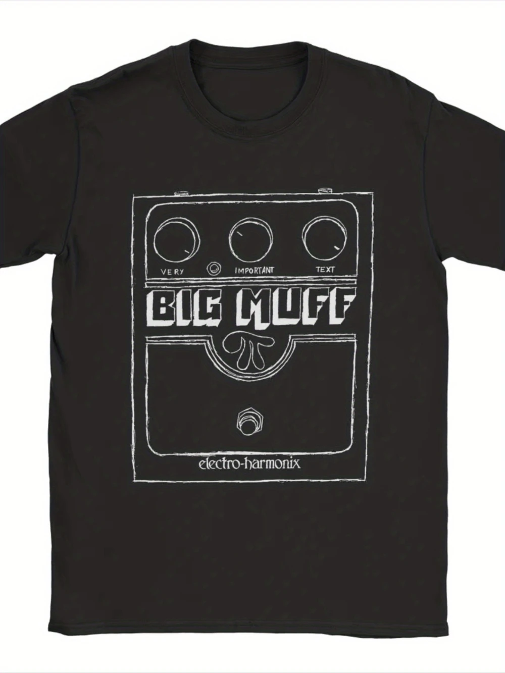 Casual summer clothing, featuring oversized black T-shirts, inspired by the Big Muff Electro Harmonix guitar effects pedals