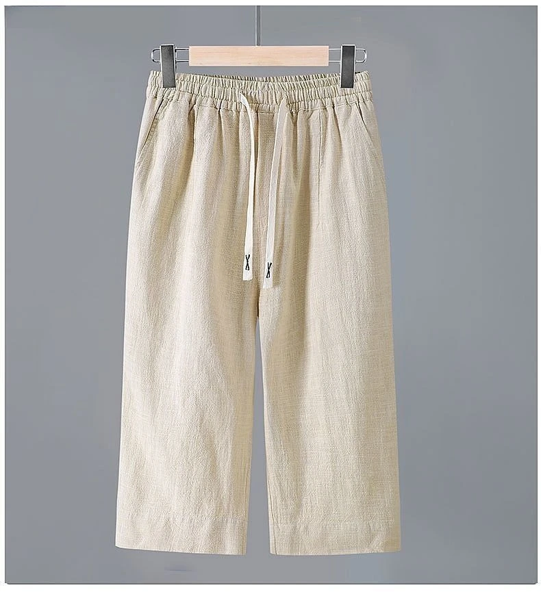 Men's Straight Casual Cotton Linen 7-points Pants Lightweight Baggy Solid Middle Pants Outdoor Breathable Calf-Length Pants