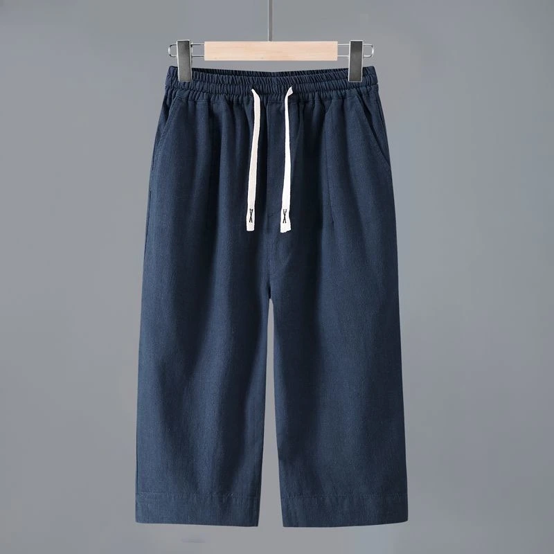 Men's Straight Casual Cotton Linen 7-points Pants Lightweight Baggy Solid Middle Pants Outdoor Breathable Calf-Length Pants