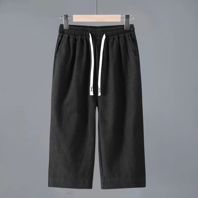 Men's Straight Casual Cotton Linen 7-points Pants Lightweight Baggy Solid Middle Pants Outdoor Breathable Calf-Length Pants