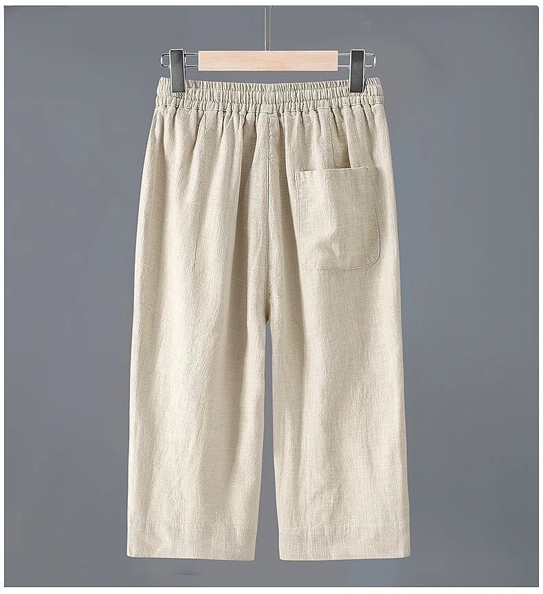 Men's Straight Casual Cotton Linen 7-points Pants Lightweight Baggy Solid Middle Pants Outdoor Breathable Calf-Length Pants