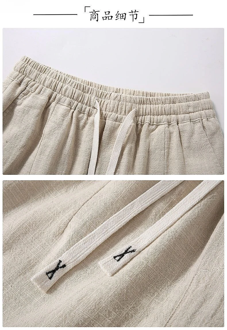 Men's Straight Casual Cotton Linen 7-points Pants Lightweight Baggy Solid Middle Pants Outdoor Breathable Calf-Length Pants