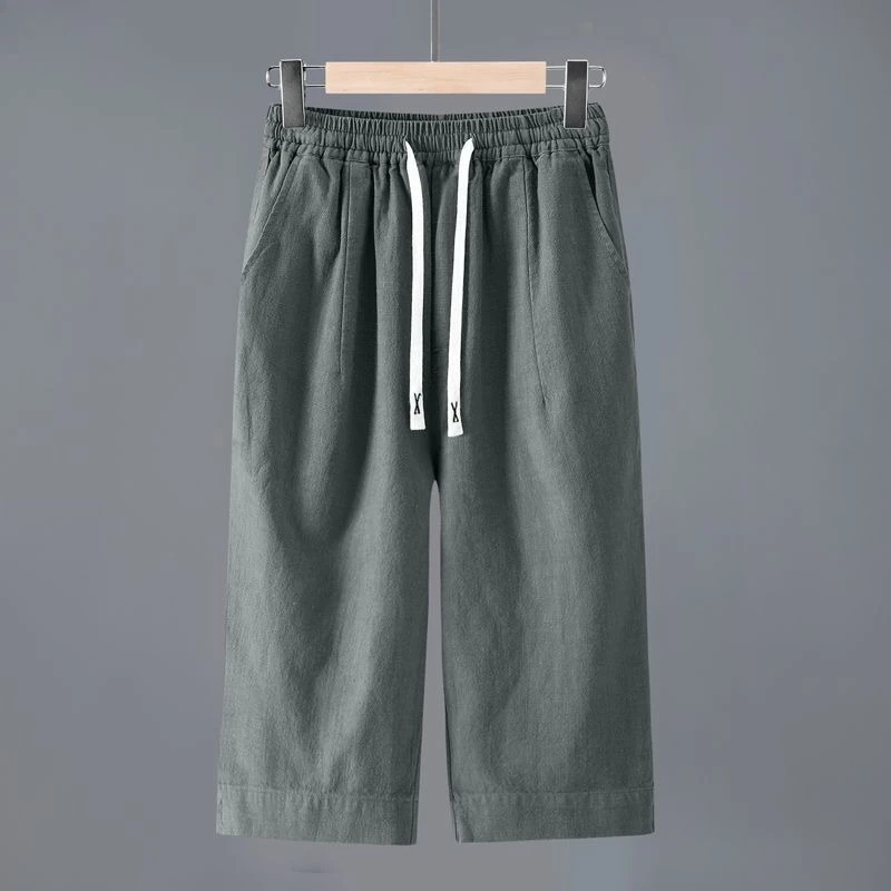 Men's Straight Casual Cotton Linen 7-points Pants Lightweight Baggy Solid Middle Pants Outdoor Breathable Calf-Length Pants