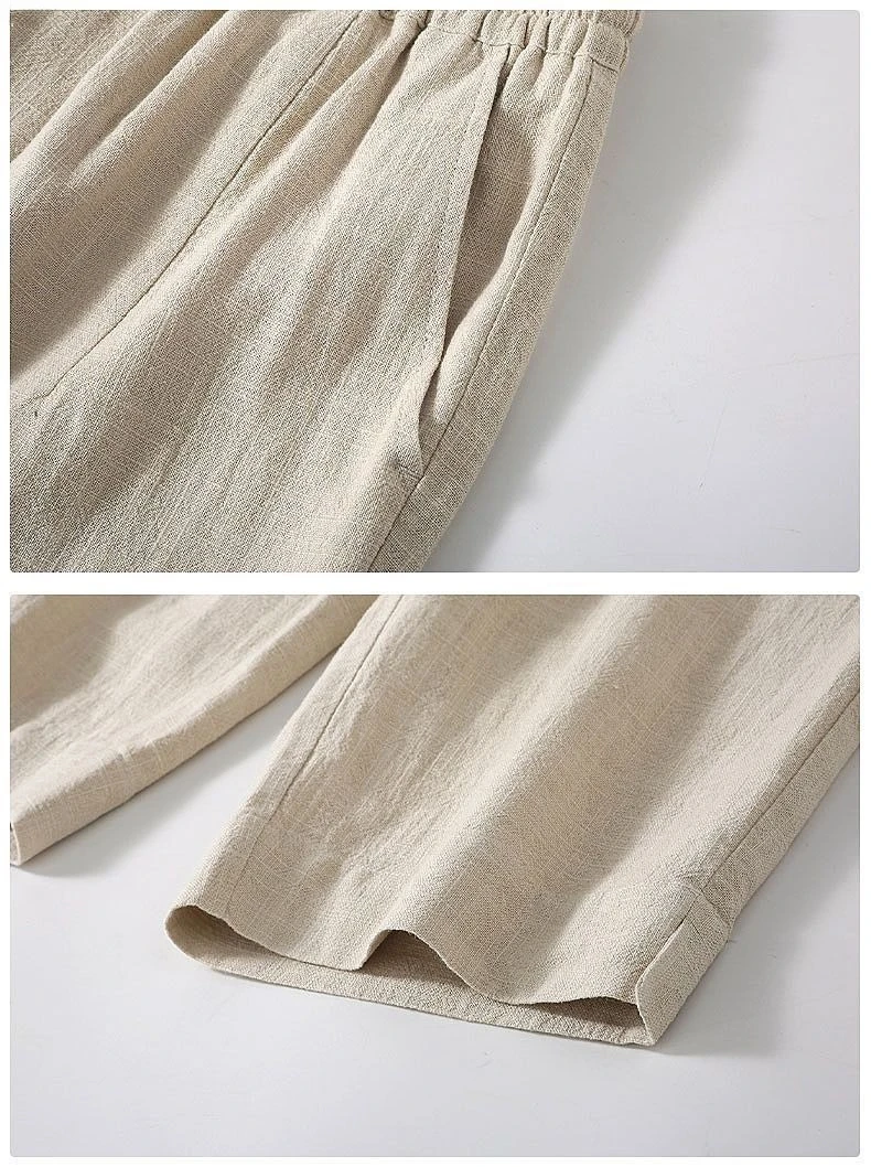 Men's Straight Casual Cotton Linen 7-points Pants Lightweight Baggy Solid Middle Pants Outdoor Breathable Calf-Length Pants