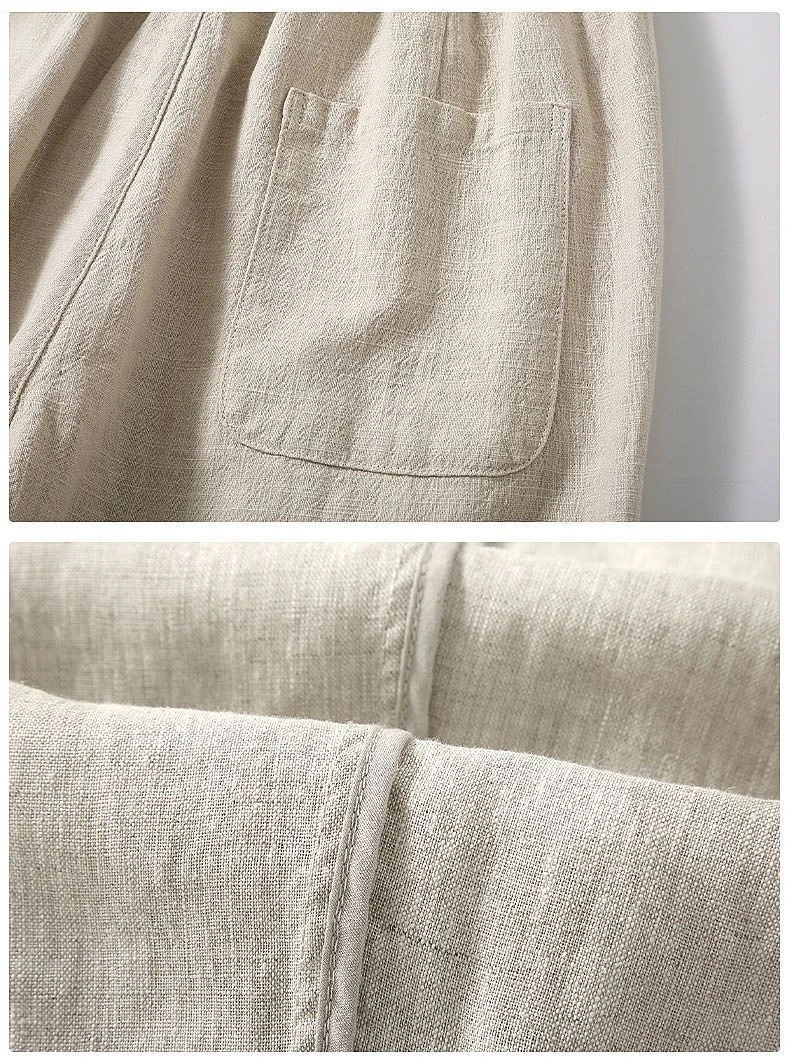 Men's Straight Casual Cotton Linen 7-points Pants Lightweight Baggy Solid Middle Pants Outdoor Breathable Calf-Length Pants