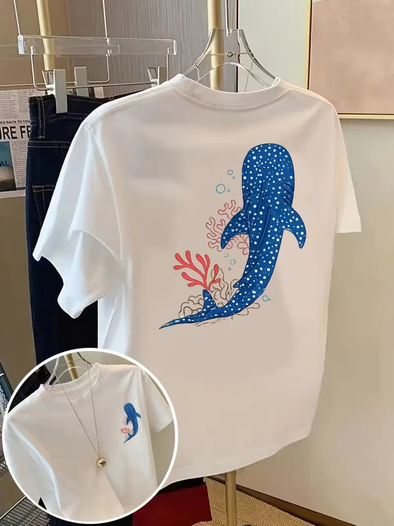 Whale Shark Coral Graphic T-Shirt, Ocean Marine Life Print Crew Neck Short Sleeve Top ,Summer Daily Fashion Tee Commute Travel