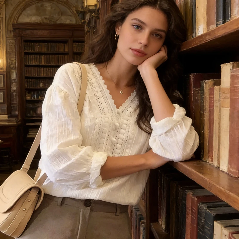 Korean Style Women's White V Neck Lace Trim Blouse Puff Sleeve Button Detail Textured Casual Top Sweet Long Sleeve School Shirt